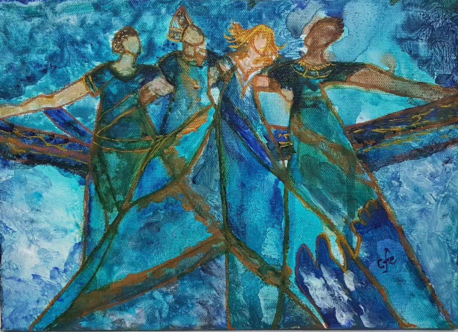 Akrylmålning Dansande damer - akryl och blandteknik på canvas av Christine Foss Eriksson