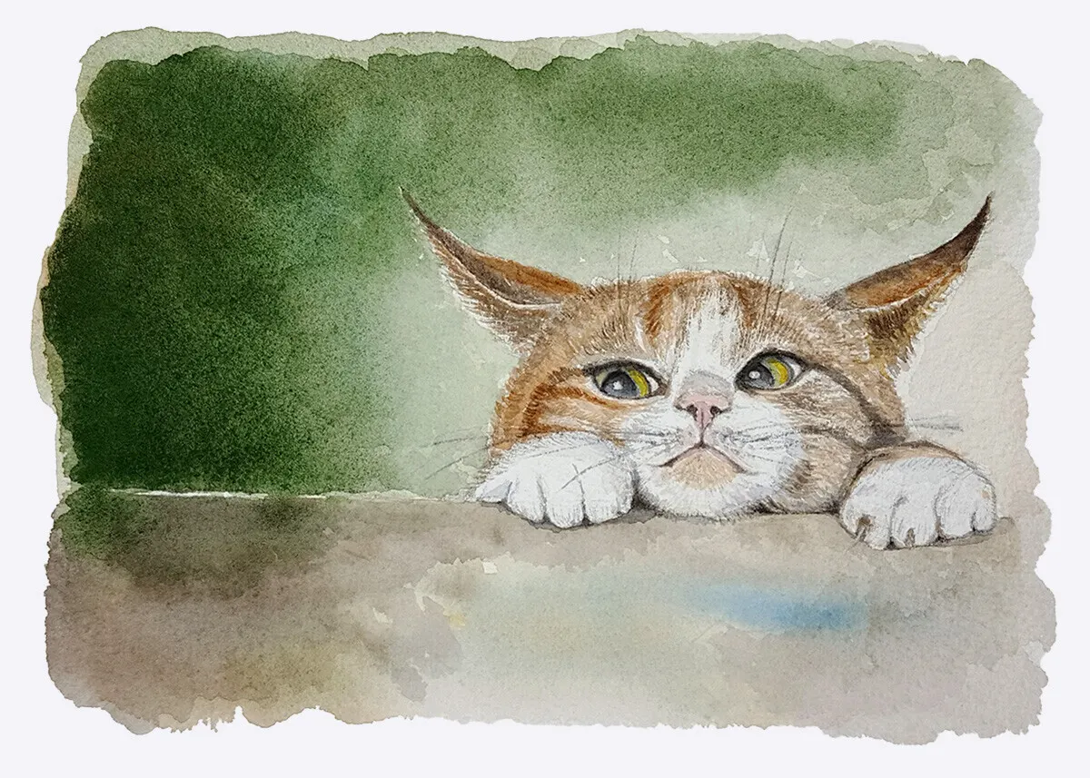 Akvarell Katt på smygjakt av Tess Enarsson