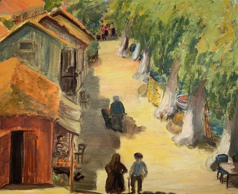 Oljemålning Bygatan i Vasiliki av Gunilla Iversen