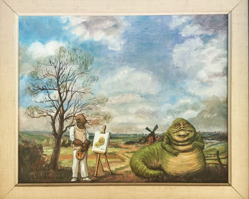 Oljemålning Admiral Ackbar målar Jabba the Hutt naken i det fria av Ola Art