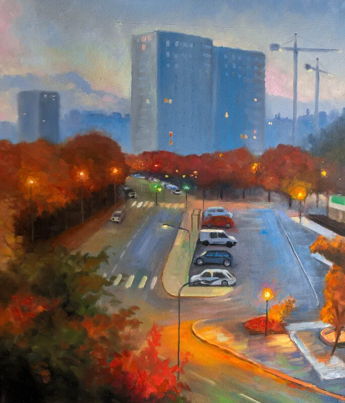 Oljemålning Valla torg av Mikael Wigen