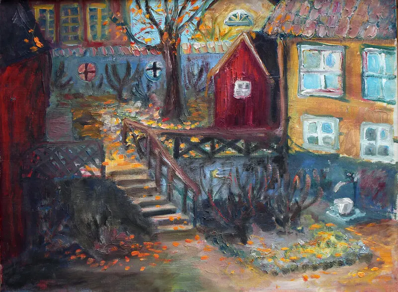 Oljemålning Gården på Fjällgatan av Gunilla Iversen