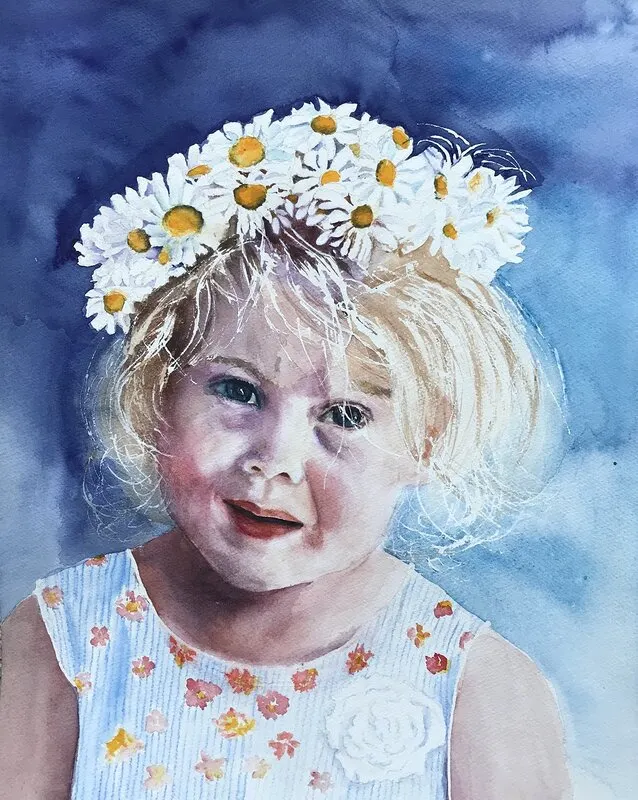 Akvarell Flicka med blommor i håret av Ewa Helzen