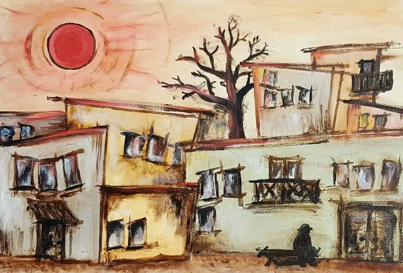 Akrylmålning Trädet i byn av Carin Kamsvåg