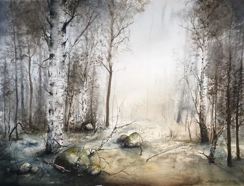 Akvarell Tidig morgon av Emelie Klockarås