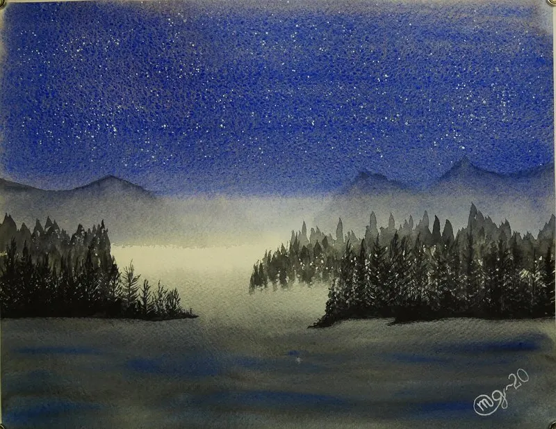 Akvarell Bortom bergen av Michaela Gustafsson