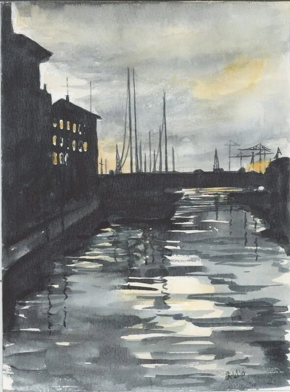 Akvarell Skymning i hamnen av Ragnhild Blomdahl