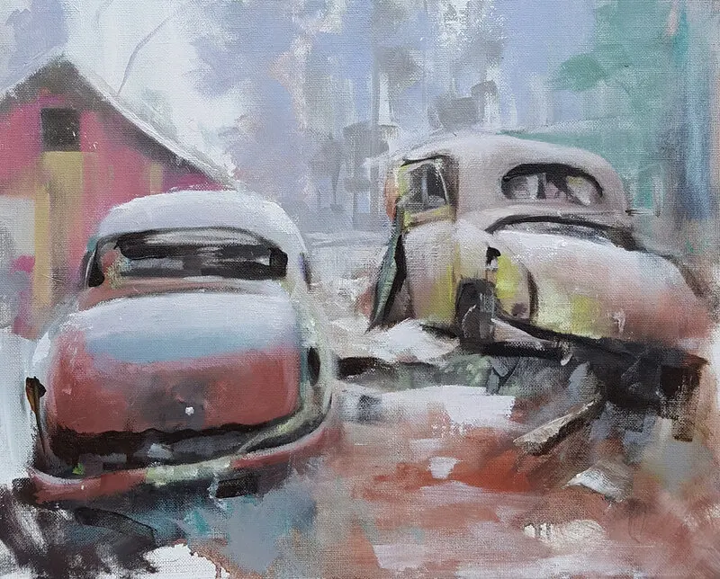 Oljemålning Bilkyrkogården på Kyrkö Mosse av Anders Olsson