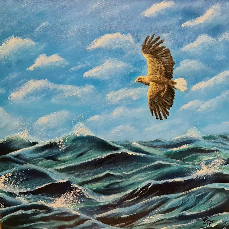 Akrylmålning Havsörn över öppet hav av Isak Martinsson