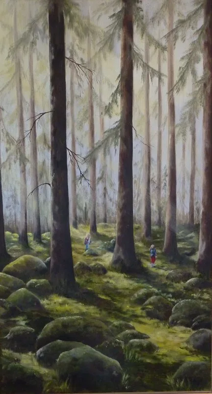 Oljemålning I skogen efter regn av Helen Boreson Holmberg