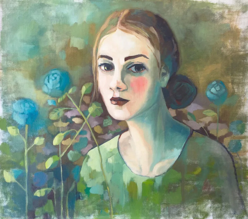 Oljemålning Blues and Greens av Caroline Roberts