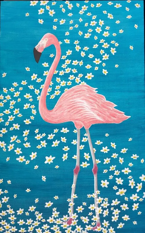 Akrylmålning Blommande Flamingo av Gösta Lindunger