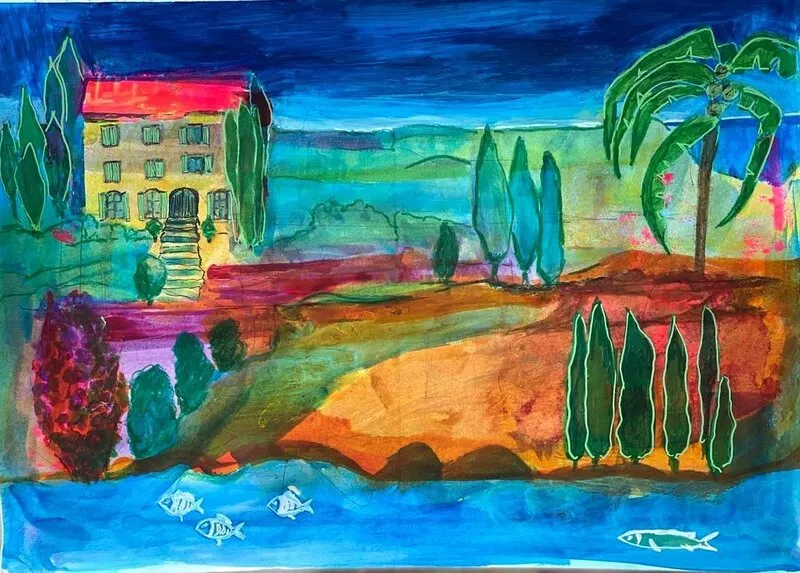 Akrylmålning "The House by the River"  original av Annika Silver