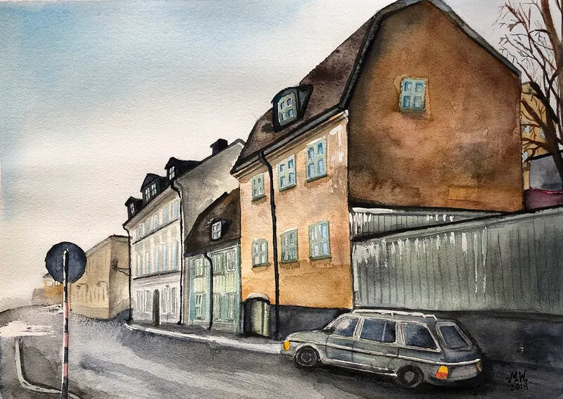 Akvarell Fjällgatan av Malin Wahlstedt