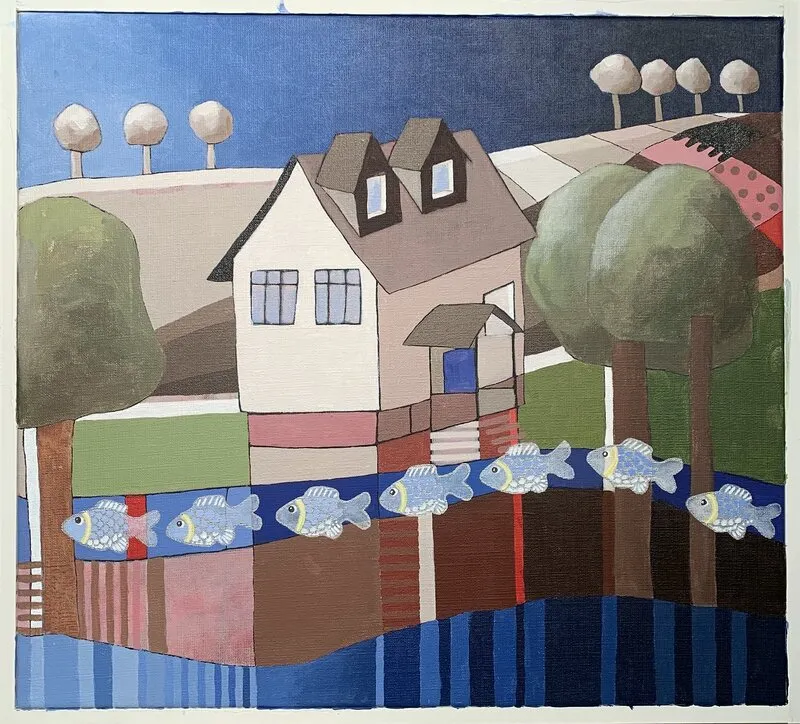 Akrylmålning Där storfiskarn bor av Berit Norrbelius Lindberg