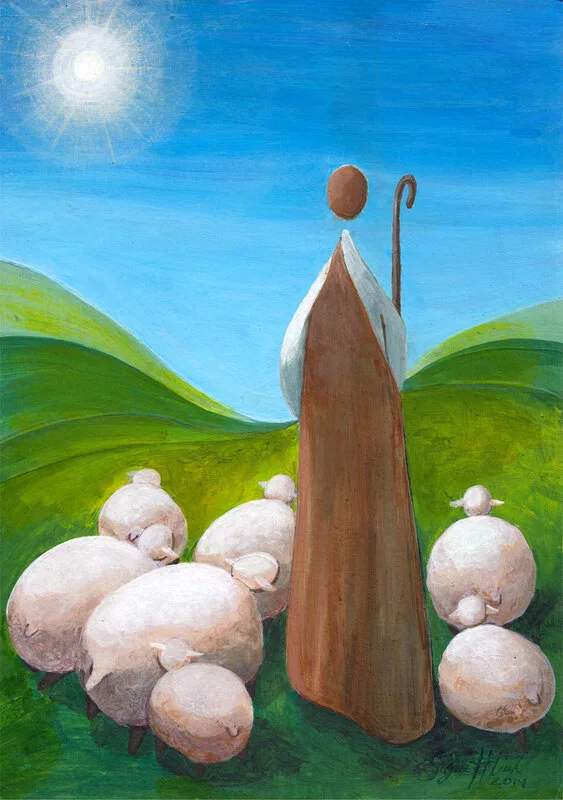 Akrylmålning Den gode herden - leder oss ut till gröna ängar. av Signe Flink