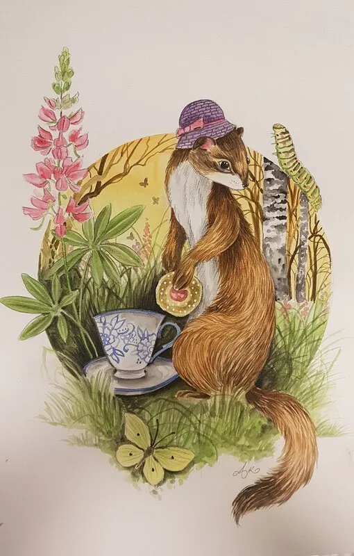 Akvarell Kafferep bland lupiner av Anna Komstadius
