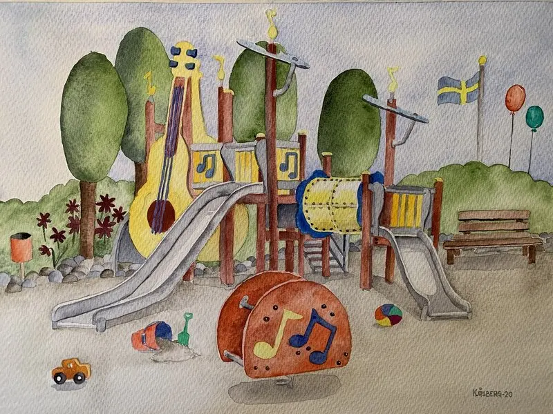 Akvarell Lekplatsen av Katarina Åsberg