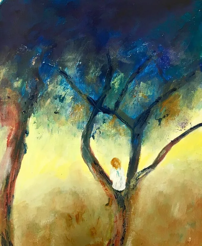 Akrylmålning Uppkrupen i trädet av Gunilla Tuvin