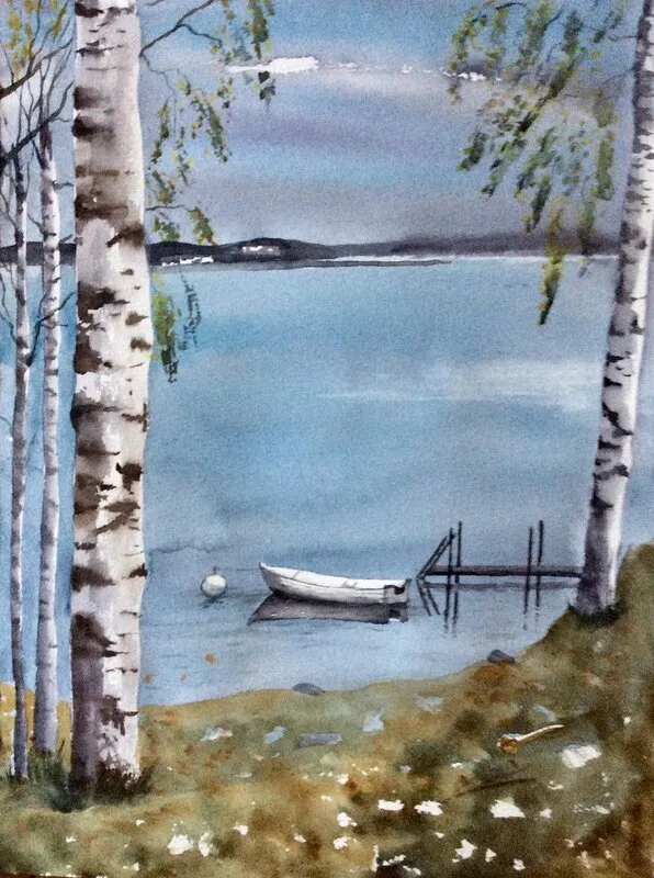 Akvarell Båten vid bryggan. av Margareta Mattsson