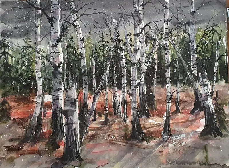 Akvarell Björkdansen av Mia Älegård