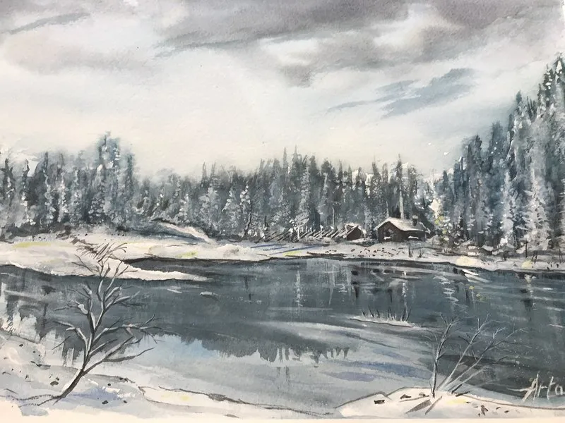Akvarell Stugvinter av Arto Karttunen