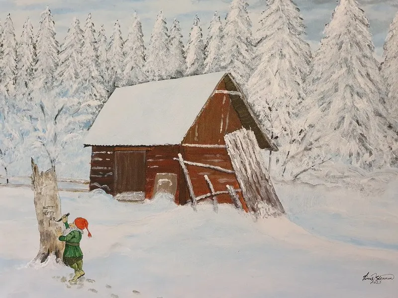 Akrylmålning Gott nytt år, Vinterland tomte av Linus Stenman