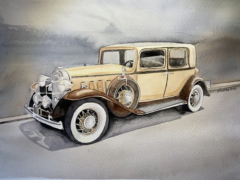 Akvarell Cadillac med ram av Katarina Åsberg