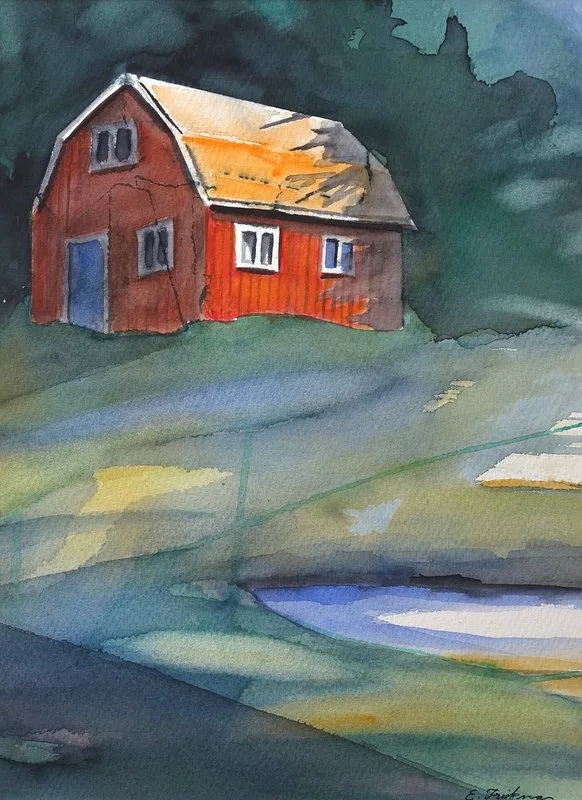 Akvarell Huset i backen av Eva Friskman