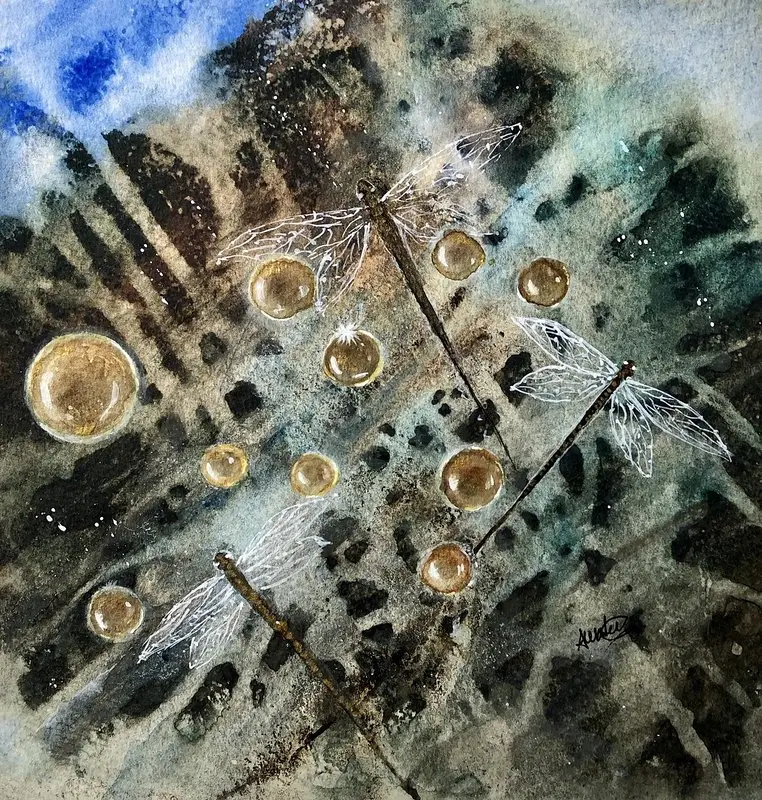 Akvarell Dragonflies and bubbles. av Annelie Wadin