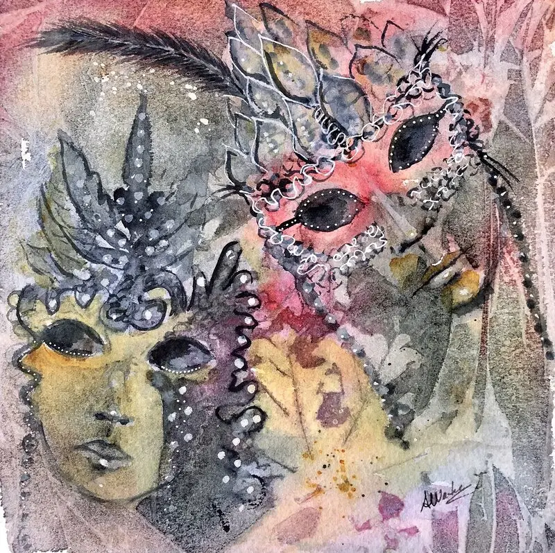 Akvarell Festival masker. av Annelie Wadin