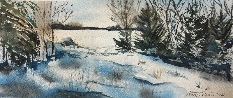 Akvarell Vinterlandskap nr 3 av Märith Sovin