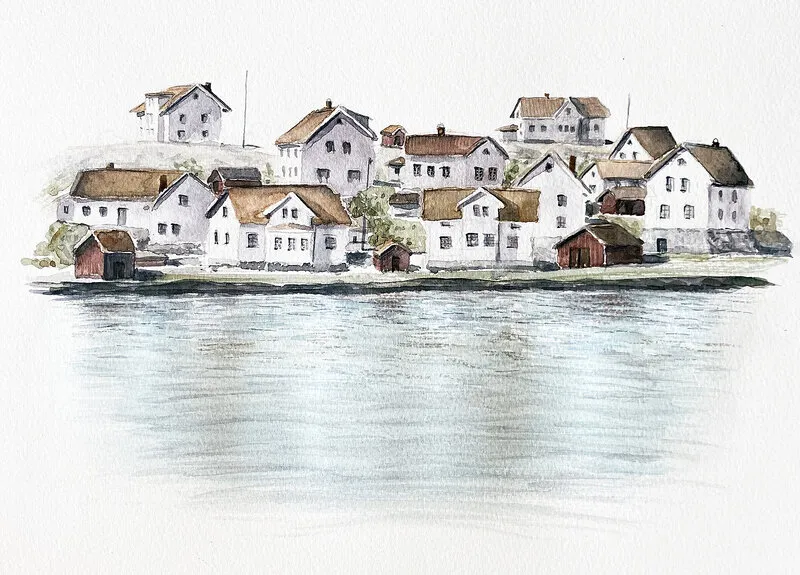 Akvarell Västkustby av Karl Hampus Larsson