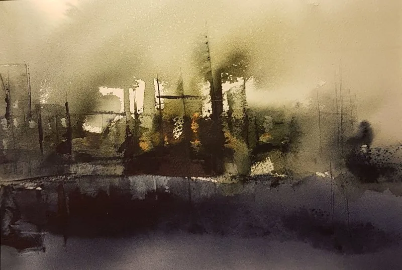 Akvarell Pappersbruk i dimma / Kraftliner factory i the fog Smurfit Westrock Piteå av Åsa Wiksten