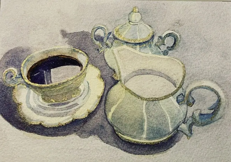 Akvarell Farmors kaffekopp av Nina Gillbo