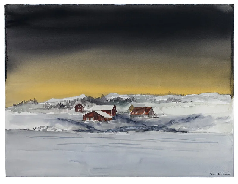 Akvarell Lador under gul himmel av Daniel Zausnig