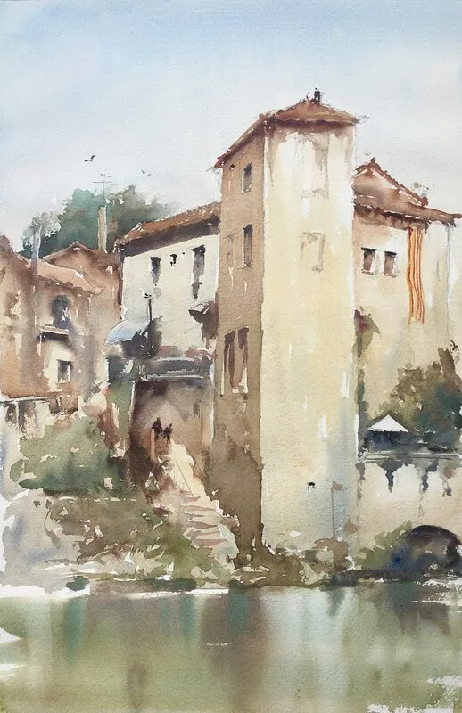 Akvarell Besalu av Stefan Gadnell