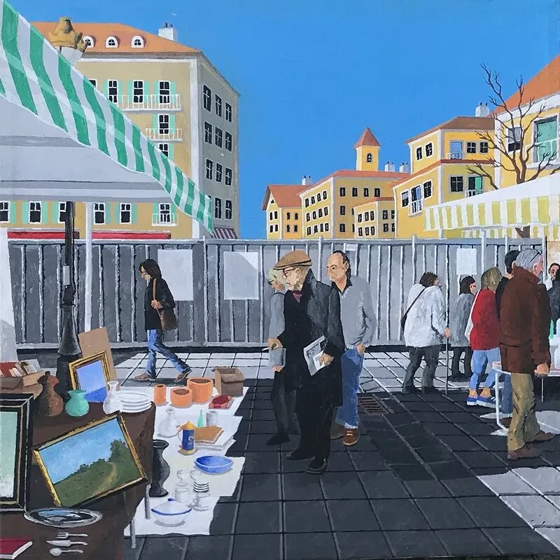 Akrylmålning Loppmarknaden i Nice. av Börje Ahlström