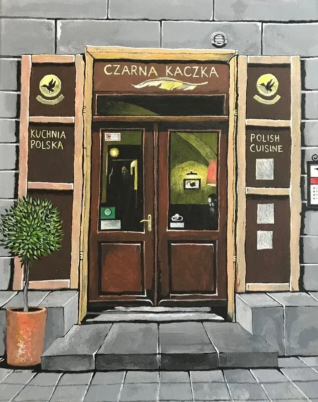 Akrylmålning Restaurang Svarta Ankan, Krakow, Polen av Börje Ahlström