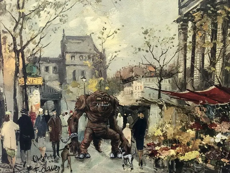 Oljemålning Jag skrattade åt de övriga hundägarnas larviga bajspåsar. Själva använde vi sopsäckar. av Ola Art