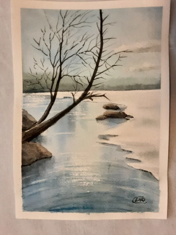 Akvarell The river side in winter av Wei Hing Rosenkvist