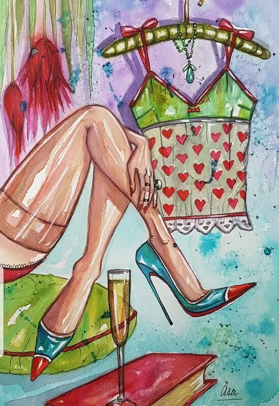 Akvarell Blue Stilettos av Åsa Uhr