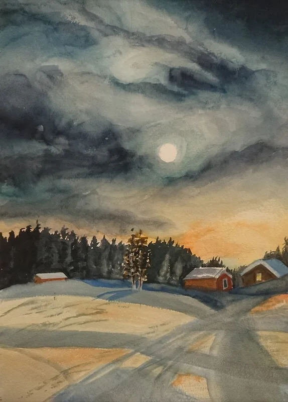 Akvarell Månsken över bygden av Marita Edlund