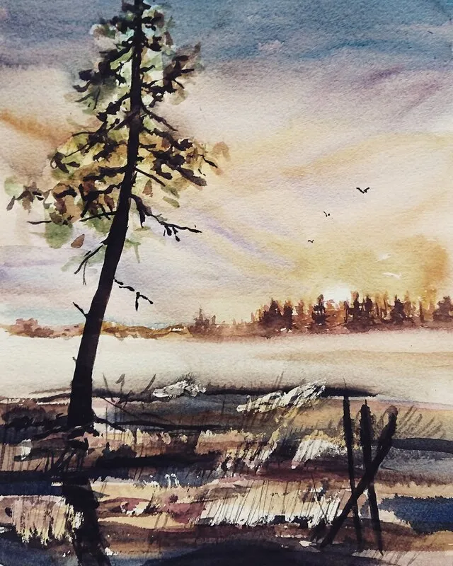 Akvarell Morgonflykt av Marita Edlund