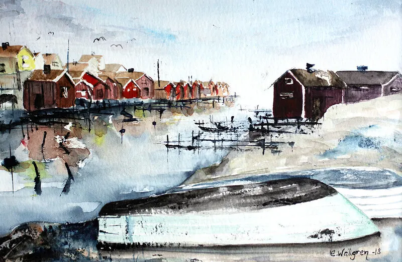 Akvarell Hälleviksstrand av Christine Wallgren