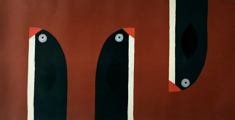 Oljemålning 3 pingviner i vinrött av Mirella Fredin