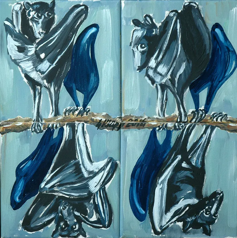 Oljemålning Quatre chauve souris et ombre bleu av Gert Rune Klapp