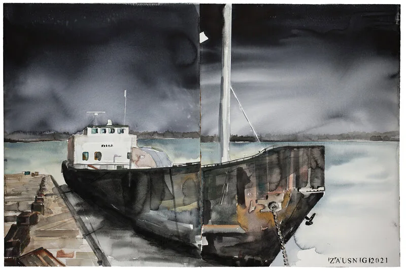 Akvarell Fartyg i hamn av Daniel Zausnig
