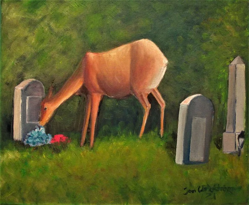 Oljemålning Rådjur på kyrkogård av Jan Wineström