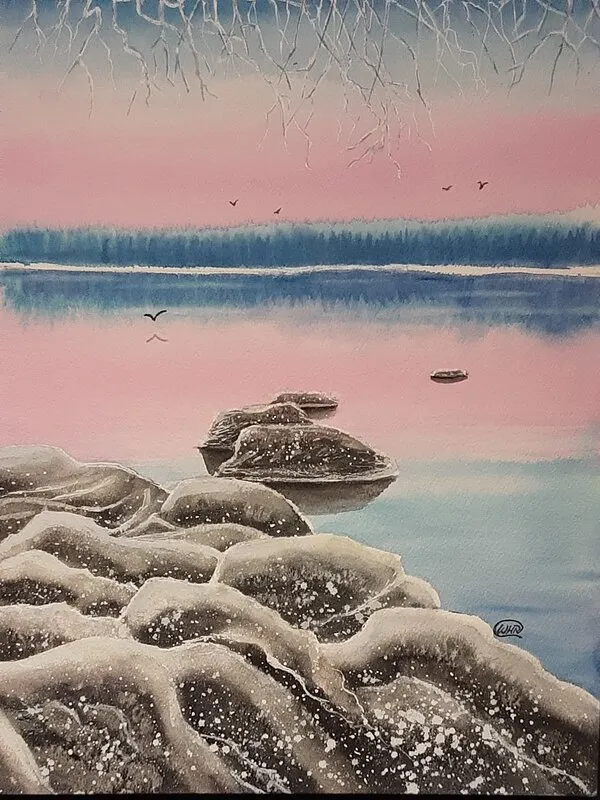 Akvarell A morning walk along the icy coast av Wei Hing Rosenkvist